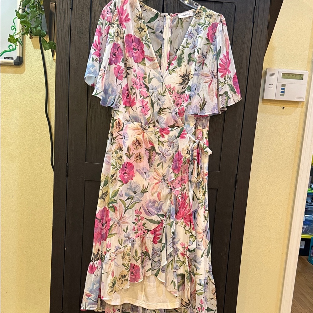 Calvin Klein Cream Floral Wrap High-Low Dress with Pink & Lavender Blooms